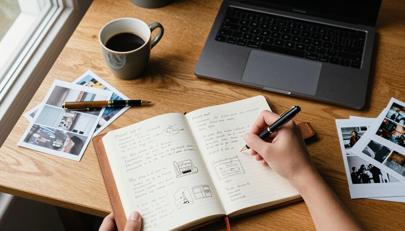 Bird's eye view of a creative notebook filled with handwritten scene descriptions Bird's eye view of a creative notebook filled with handwritten scene descriptions