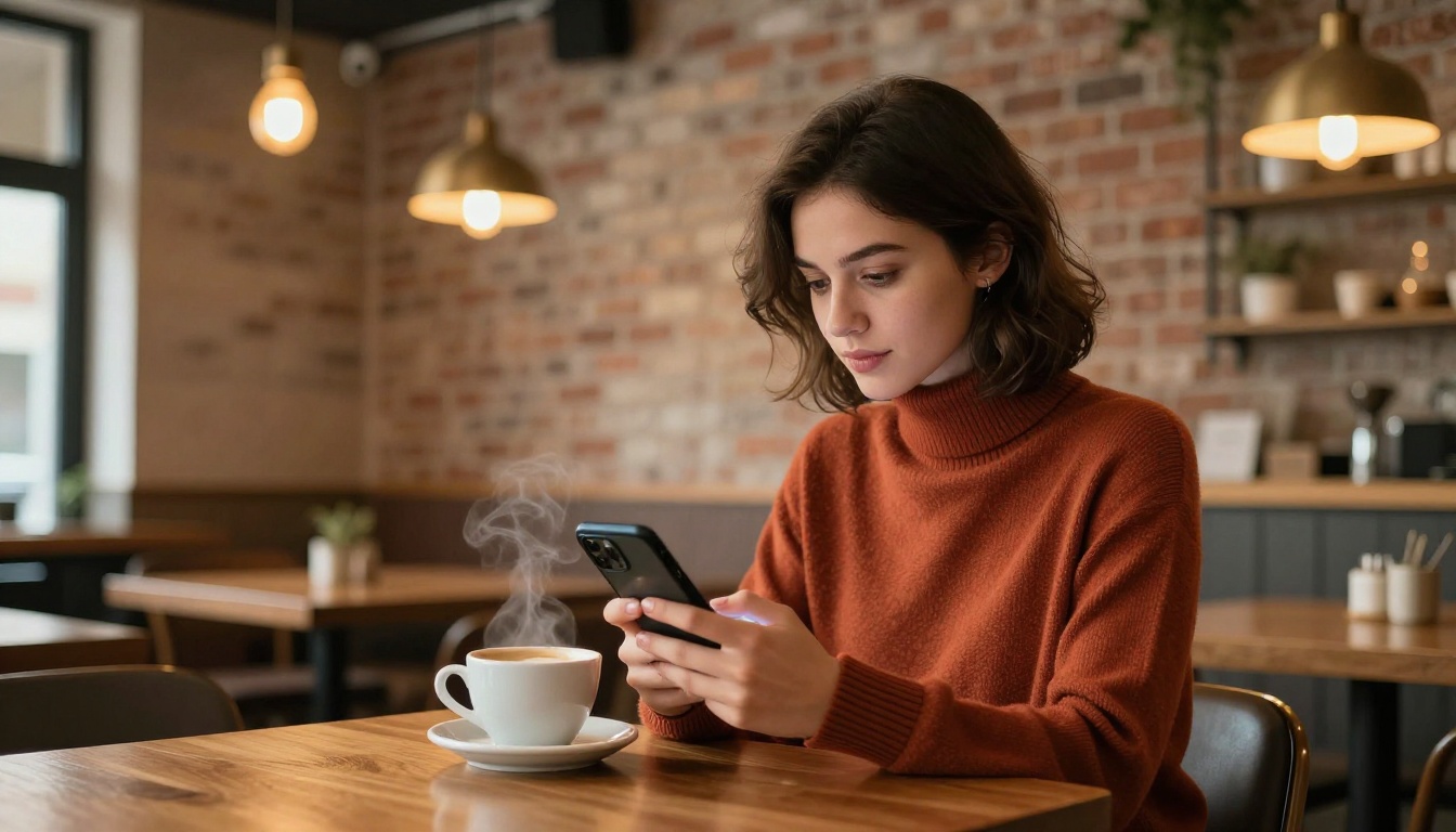 A woman browsing a phone in a cozy café, warm pendant light, rust-colored sweater A woman browsing a phone in a cozy café, warm pendant light, rust-colored sweater