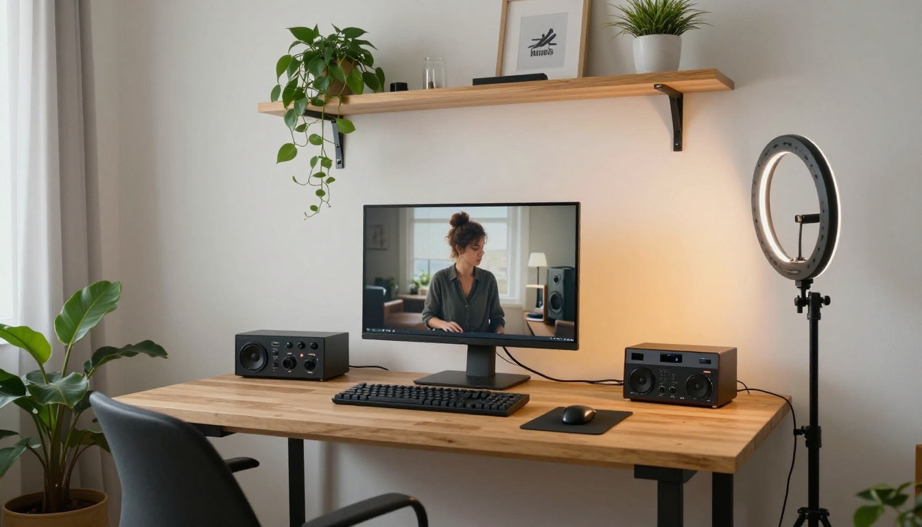 Wide shot of a cozy home studio with a large monitor, ring light, mechanical keyboard, and plants on shelves Wide shot of a cozy home studio with a large monitor, ring light, mechanical keyboard, and plants on shelves