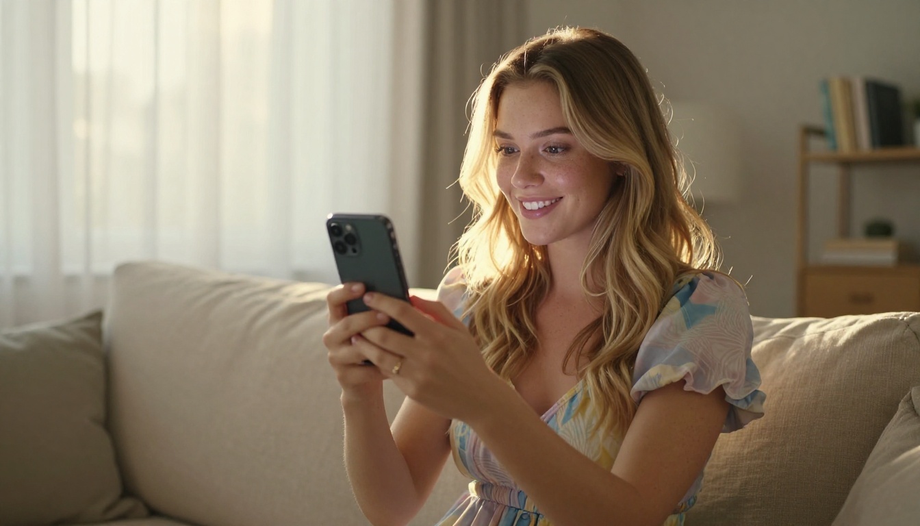 Influencer in golden hour light checking her phone for video results Influencer in golden hour light checking her phone for video results