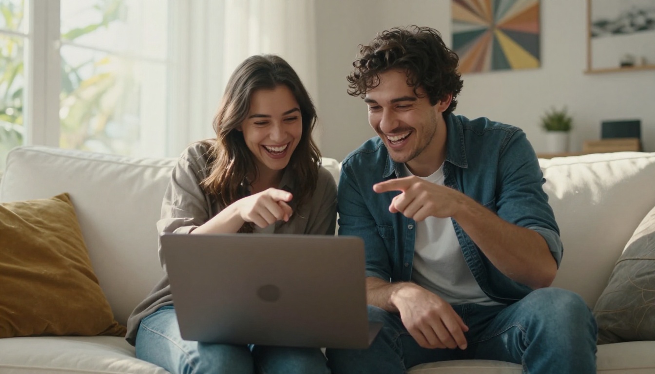 Two friends laughing together while looking at a laptop on a bright white sofa in a sun-drenched apartment Two friends laughing together while looking at a laptop on a bright white sofa in a sun-drenched apartment