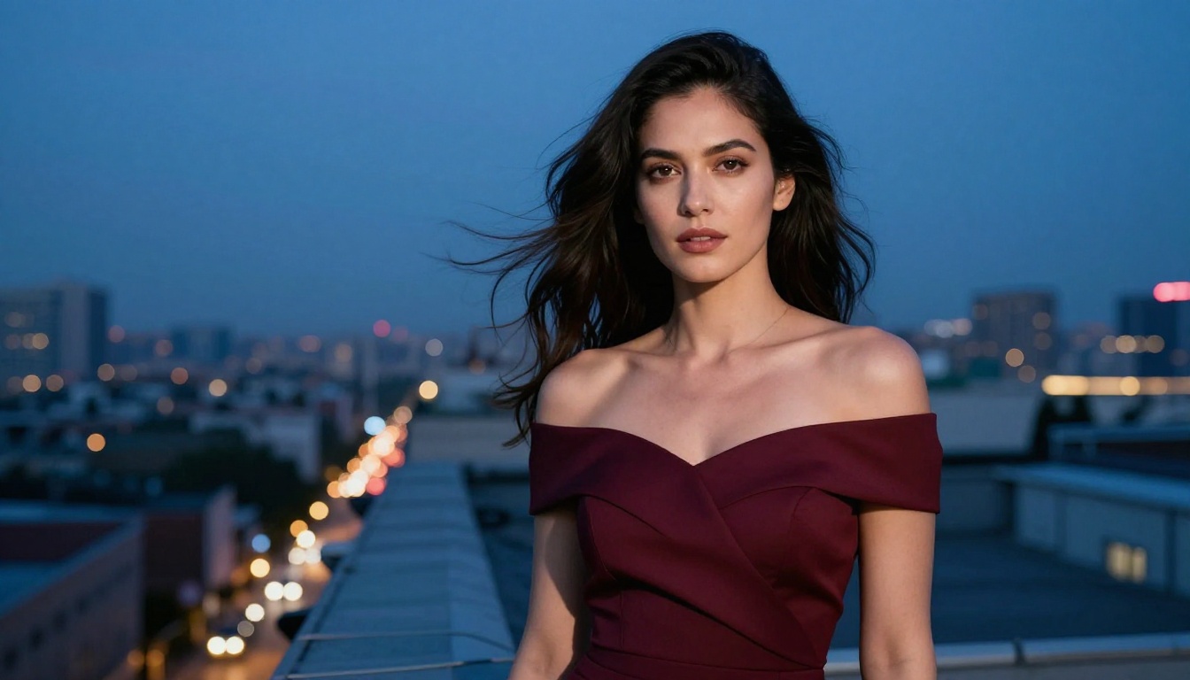 A confident woman in an off-shoulder burgundy dress on a rooftop at dusk, city lights below A confident woman in an off-shoulder burgundy dress on a rooftop at dusk, city lights below