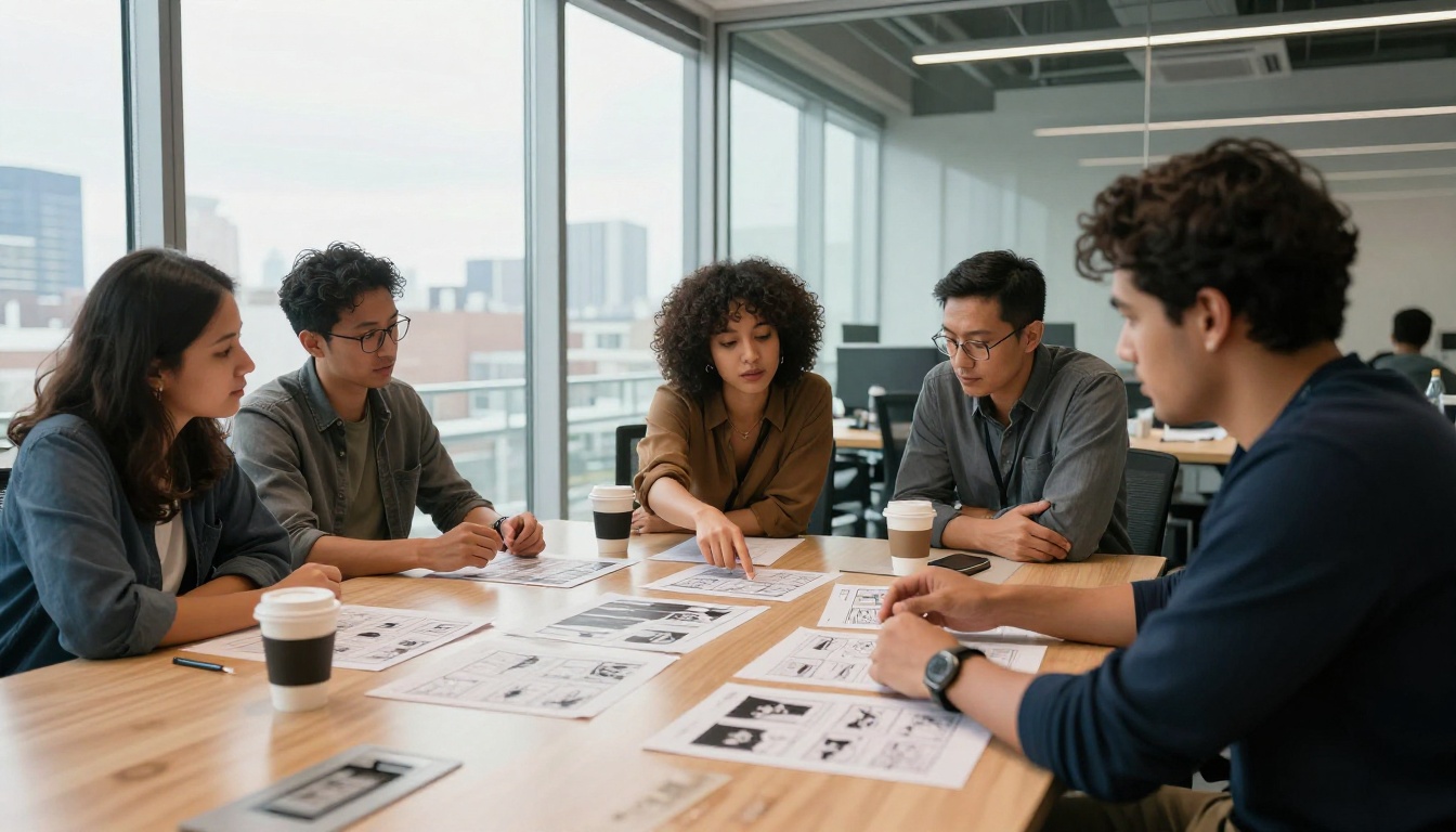 Creative team collaborating over storyboard frames at a conference table