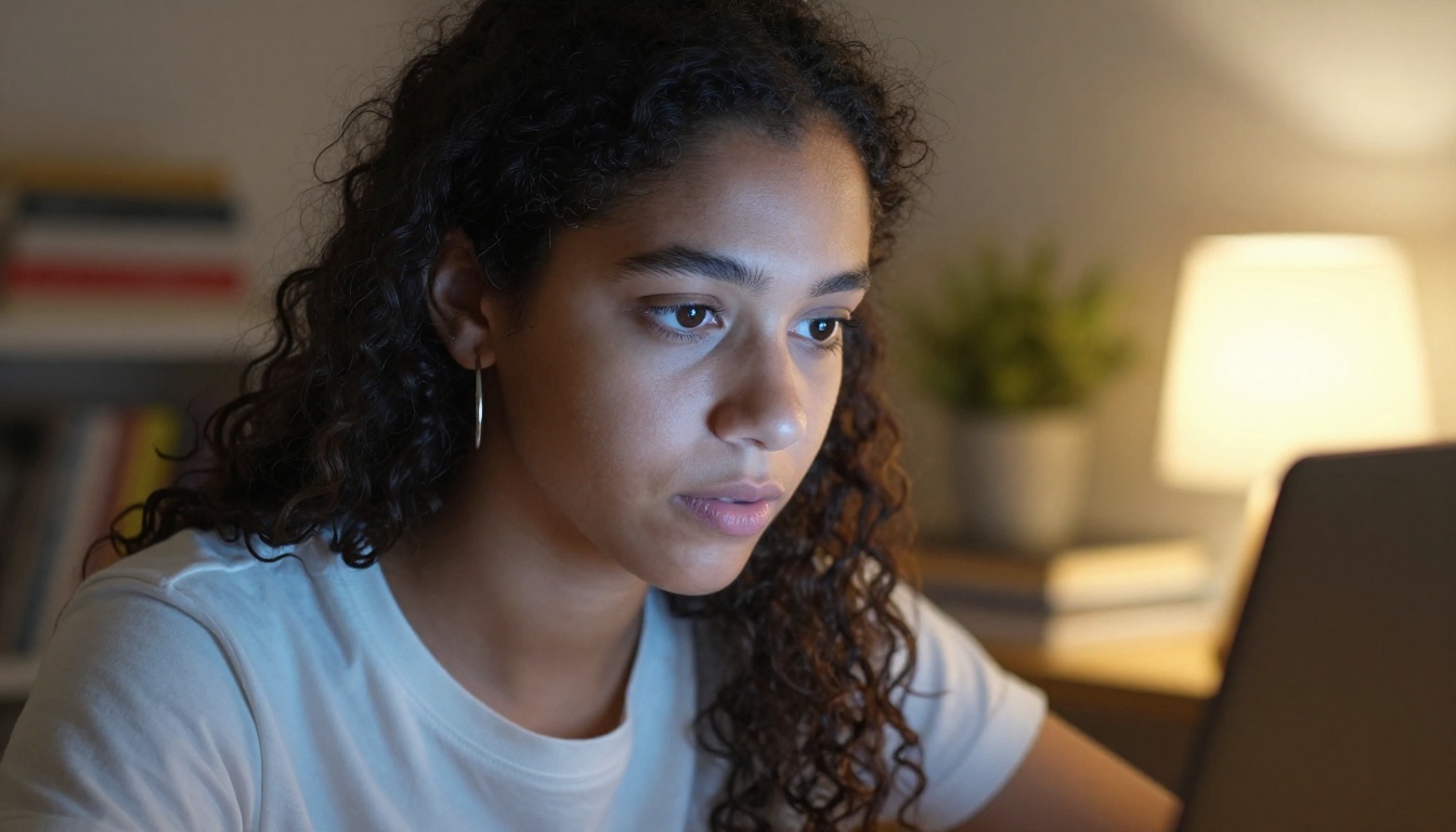 Focused woman creating content at her desk illuminated by screen and desk lamp light