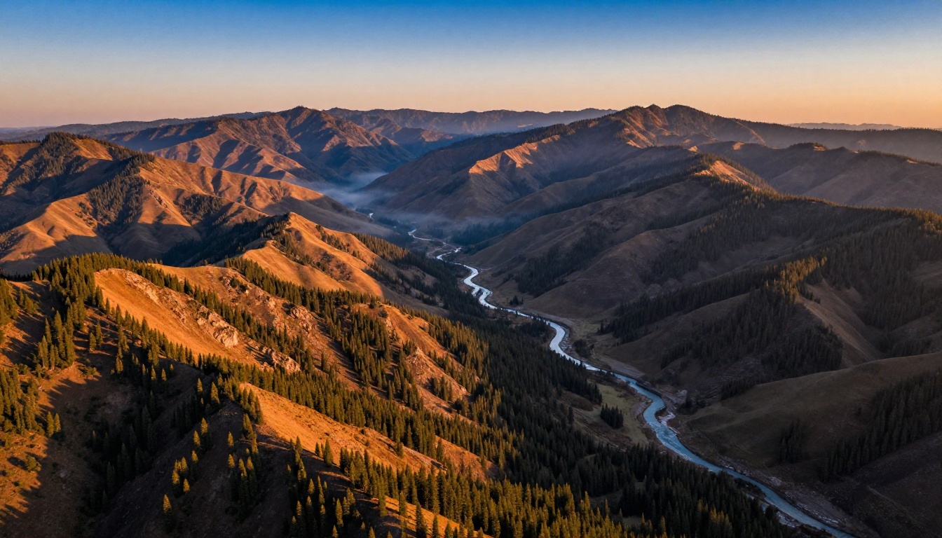 Aerial golden hour landscape with pine forest and river valley — demonstrating wide landscape generation capability