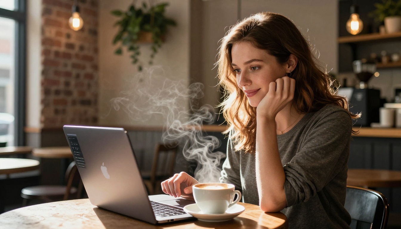 Woman smiling at her laptop in a coffee shop, satisfied with her AI video results