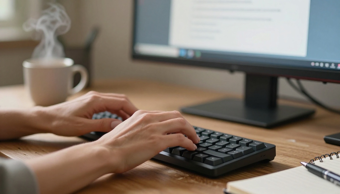 Macro close-up of hands typing on keyboard with warm side light — representing the creative digital workflow for AI image production Macro close-up of hands typing on keyboard with warm side light — representing the creative digital workflow for AI image production