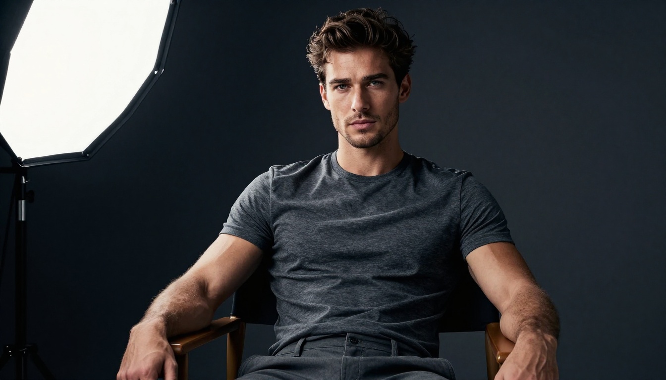 Male model in director's chair with split studio lighting demonstrating dramatic professional portrait capability Male model in director's chair with split studio lighting demonstrating dramatic professional portrait capability
