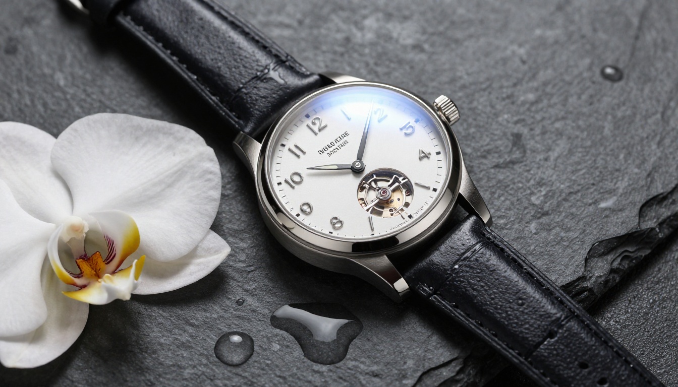 Elegant close-up product photography of a Swiss mechanical watch on dark slate with orchid and water droplets
