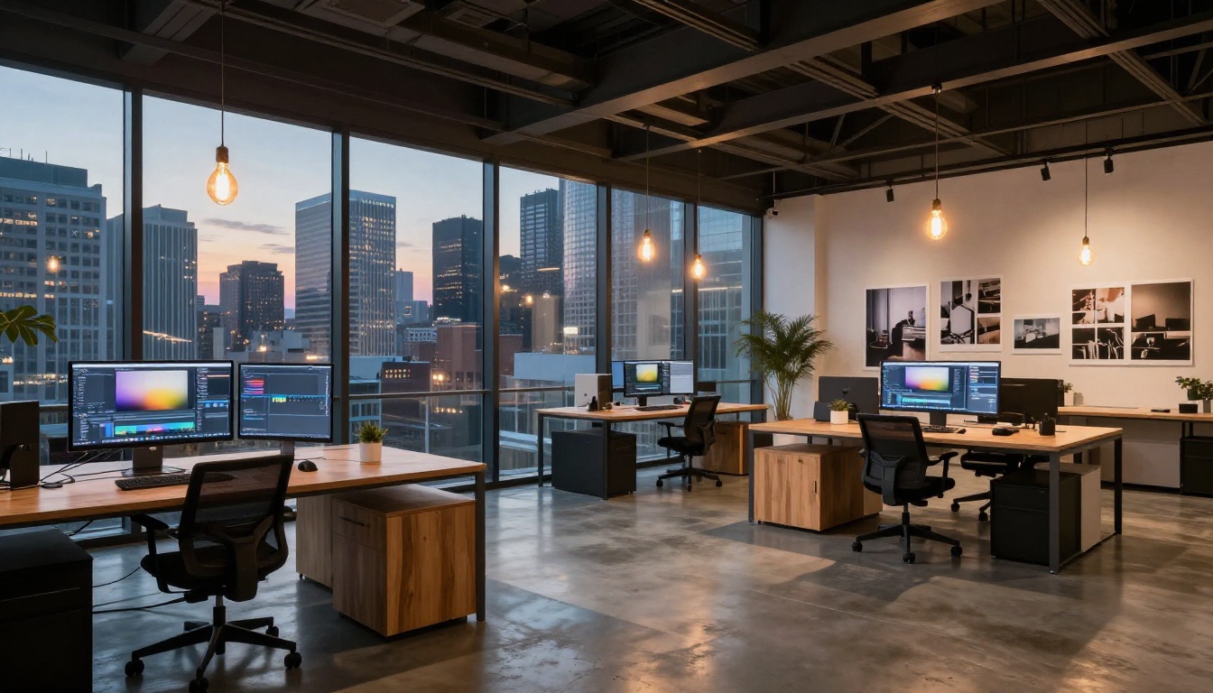 Wide shot of a modern creative studio office interior at dusk overlooking urban skyline Wide shot of a modern creative studio office interior at dusk overlooking urban skyline