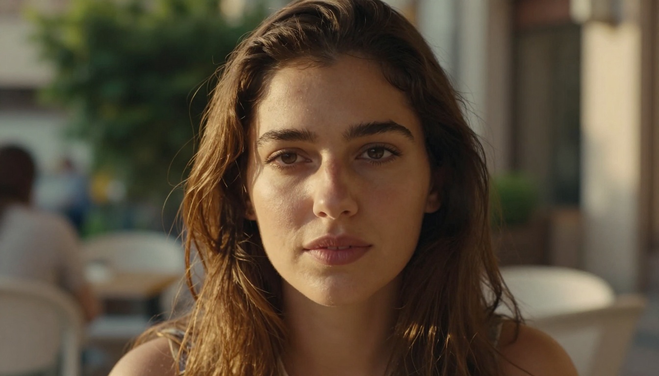 Portrait quality test — Mediterranean woman in sunlit café terrace Portrait quality test — Mediterranean woman in sunlit café terrace