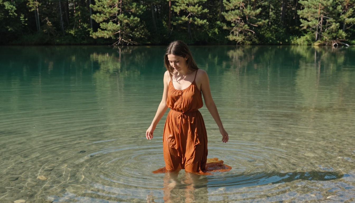 Young woman in rust-orange sundress standing waist-deep in a clear mountain lake, natural outdoor photorealism Young woman in rust-orange sundress standing waist-deep in a clear mountain lake, natural outdoor photorealism