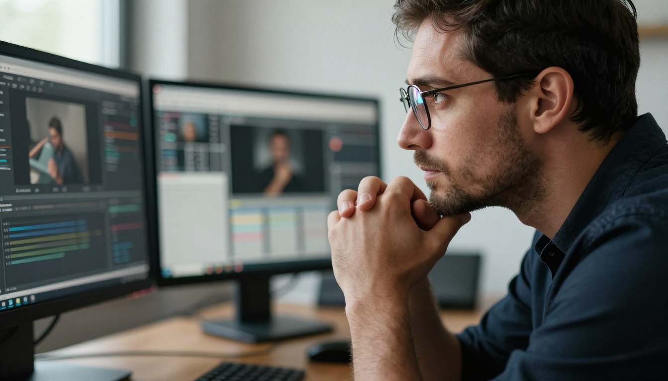 Creative professional man evaluating two AI image outputs on monitors in a thoughtful pose with chiaroscuro lighting Creative professional man evaluating two AI image outputs on monitors in a thoughtful pose with chiaroscuro lighting