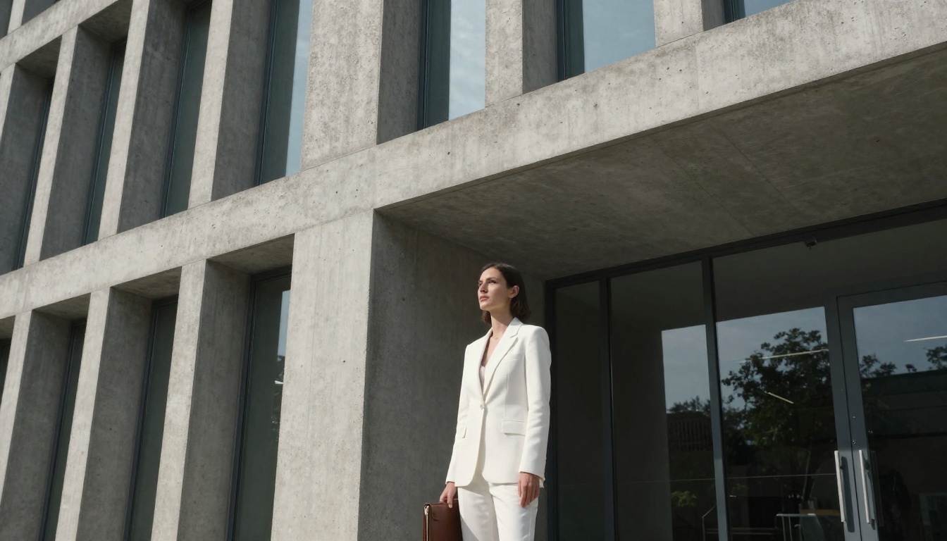 Architecture test — concrete facade with woman in white blazer Architecture test — concrete facade with woman in white blazer