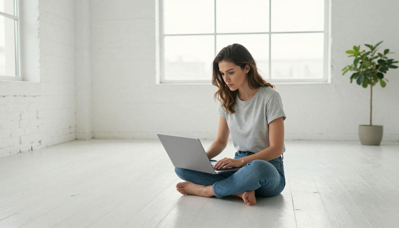Creative professional sitting with laptop on studio floor