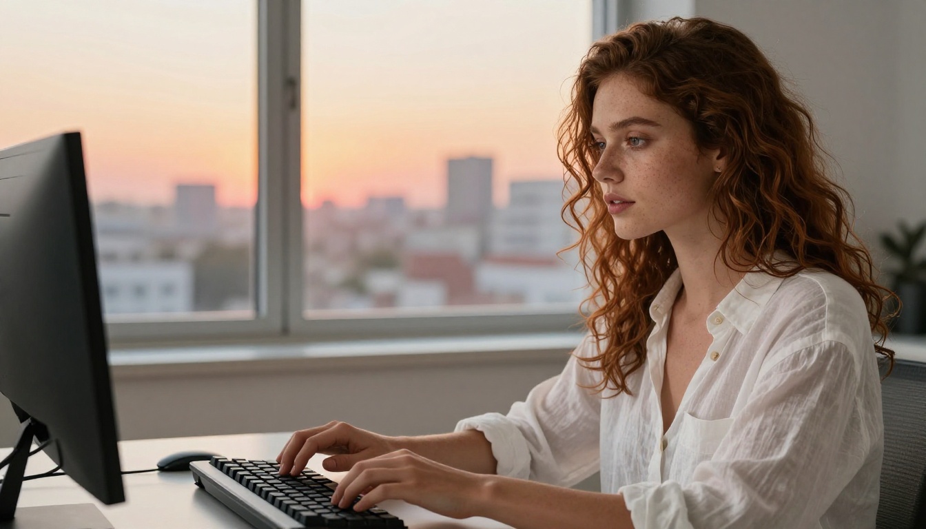 A woman with wavy auburn hair typing on a mechanical keyboard in a bright minimalist apartment, golden-hour cityscape glowing in the background through large windows