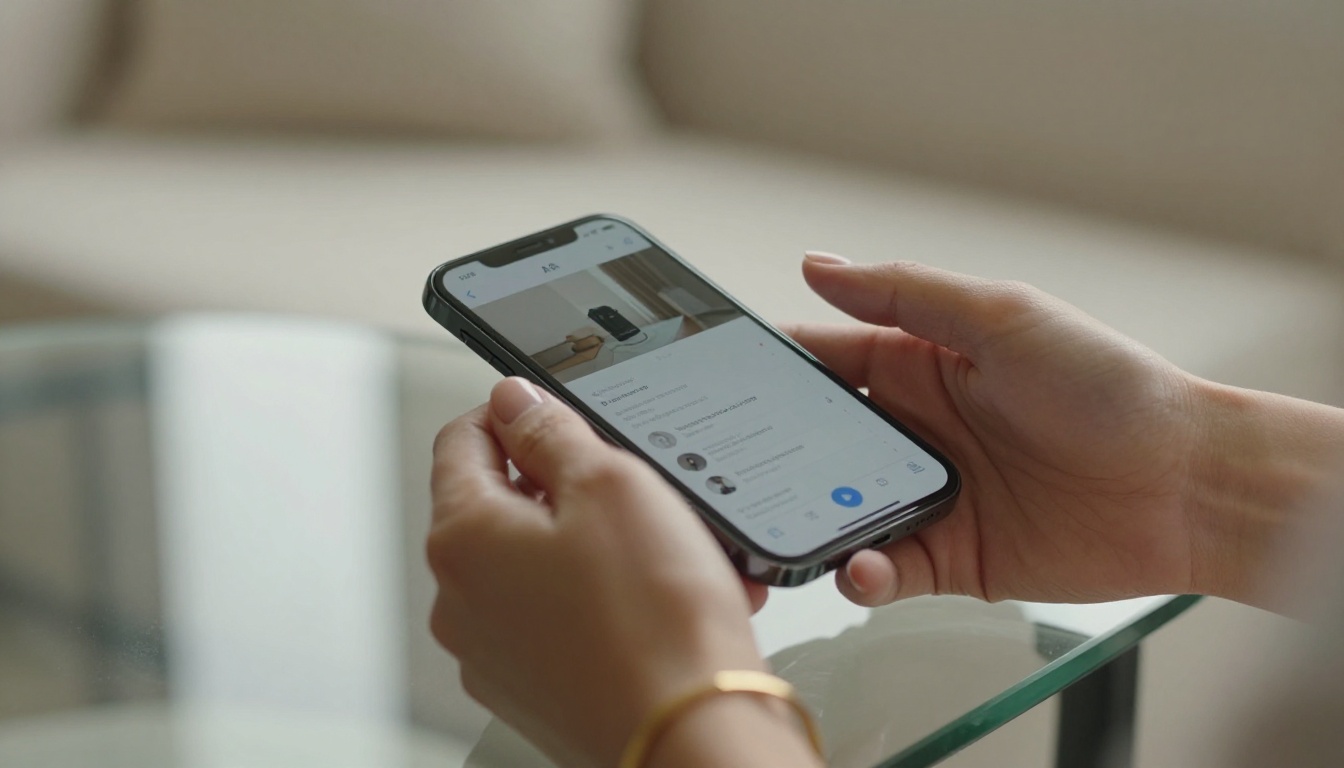 Close-up of elegant feminine hands holding a smartphone displaying a minimalist AI video generation interface, soft natural daylight casting gentle shadows across a glass desk
