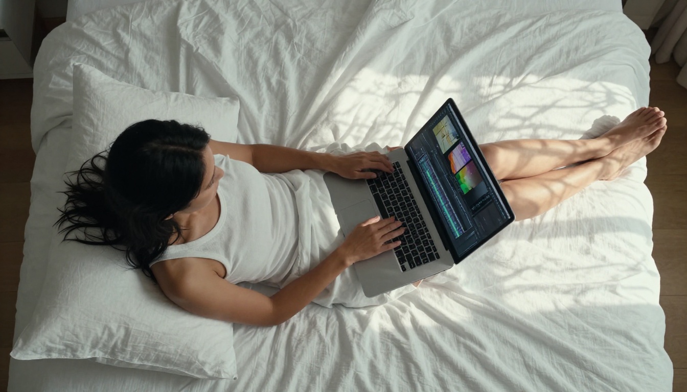 A woman with long black hair lying on a bed with white sheets, holding a laptop showing a colorful video timeline, morning light streaming through sheer curtains creating soft dappled patterns