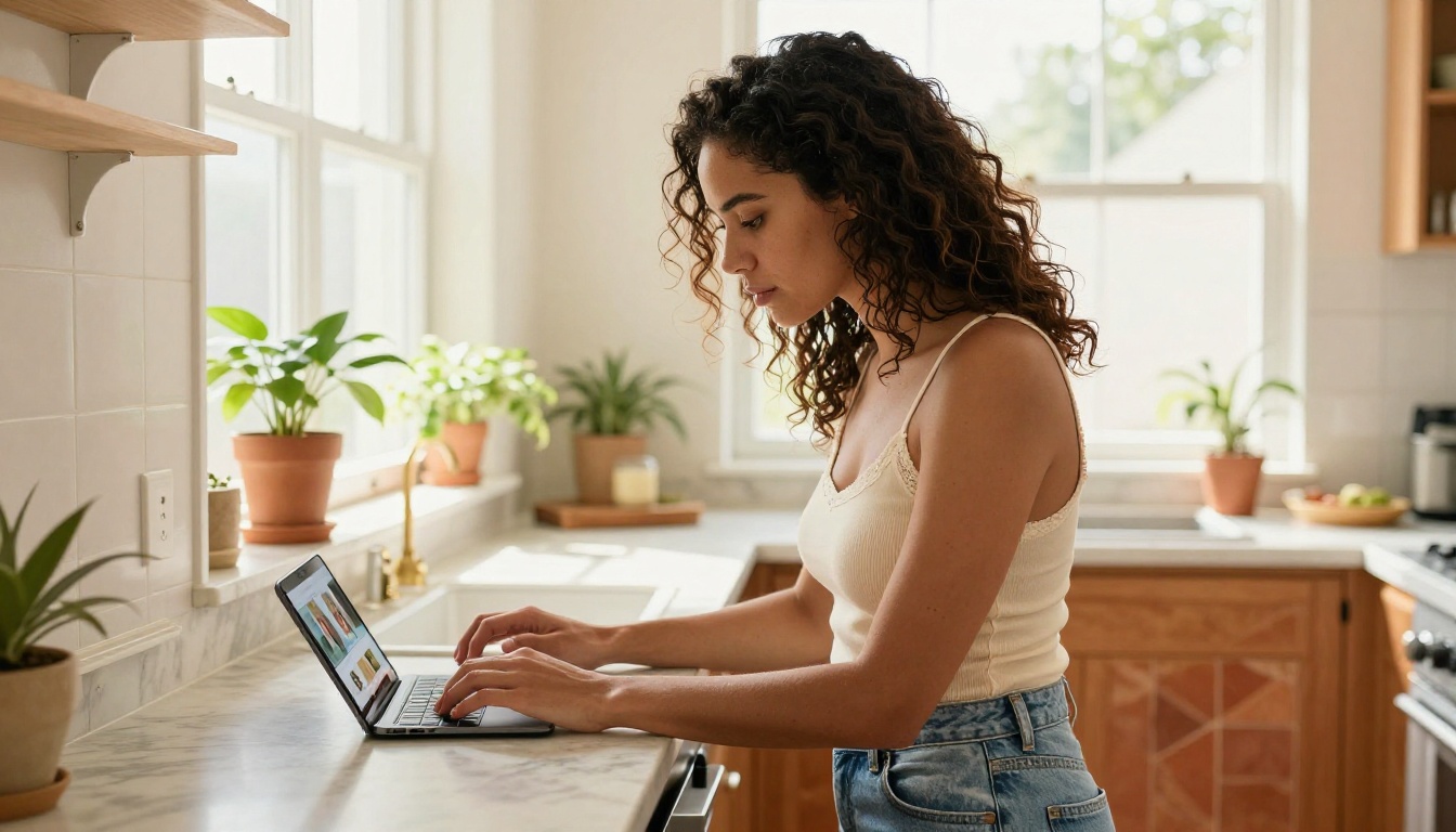A woman with naturally curly dark hair in a cream camisole standing at a marble kitchen counter, casually scrolling through AI video thumbnails on her phone, warm natural light from a nearby window