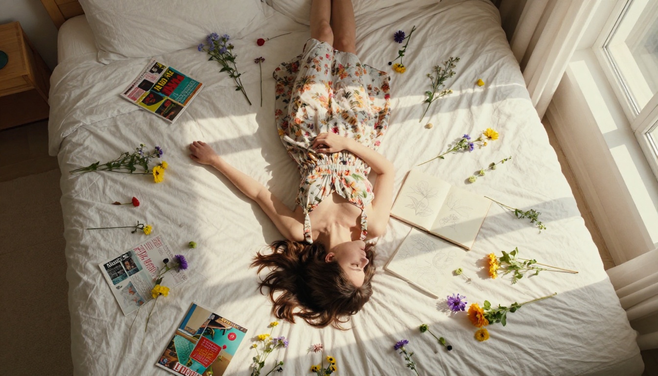 Aerial view of a woman lying on white linen surrounded by wildflowers and a sketchbook, morning sunlight Aerial view of a woman lying on white linen surrounded by wildflowers and a sketchbook, morning sunlight