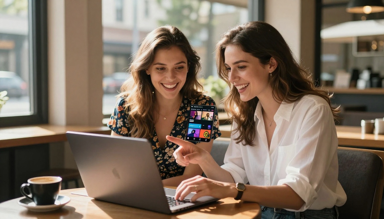 Two women at a sunny café sharing an excited reaction to something on a laptop screen showing a video prompt builder interface, warm afternoon light streaming through floor-to-ceiling windows