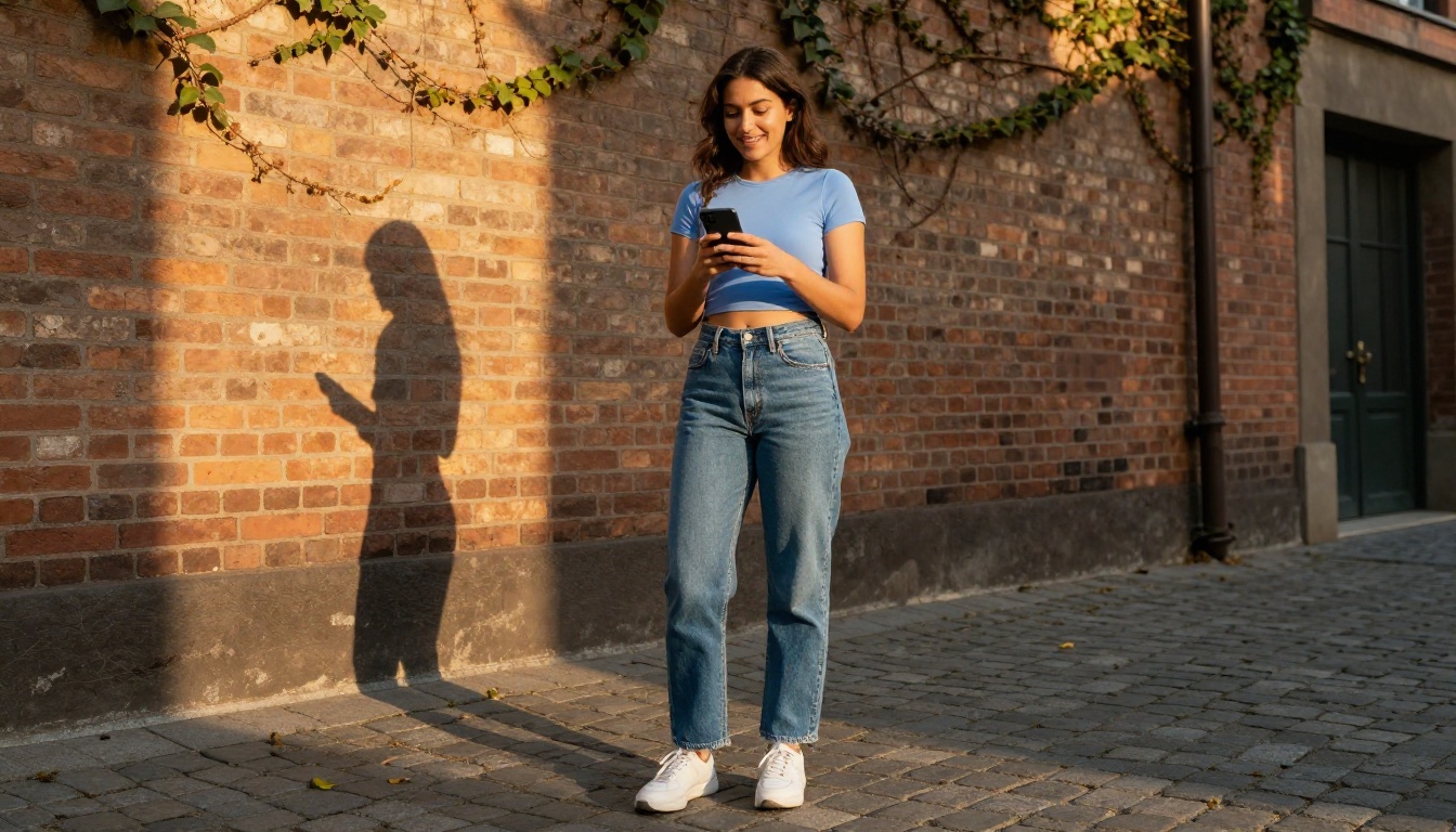 A woman standing on a cobblestone urban courtyard holding a phone, low-angle shot with golden hour light A woman standing on a cobblestone urban courtyard holding a phone, low-angle shot with golden hour light