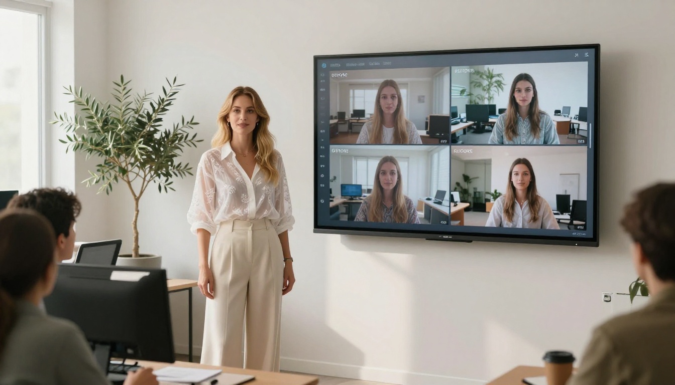 A woman with honey blonde hair in a sheer blouse presenting to colleagues using a wall-mounted display showing an AI video comparison chart, bright modern open-plan office, potted olive trees in background