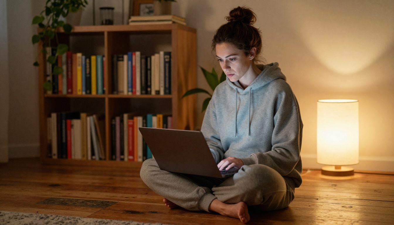 A woman sitting cross-legged on a rustic floor with a laptop, cozy amber-lit bookshelf behind her