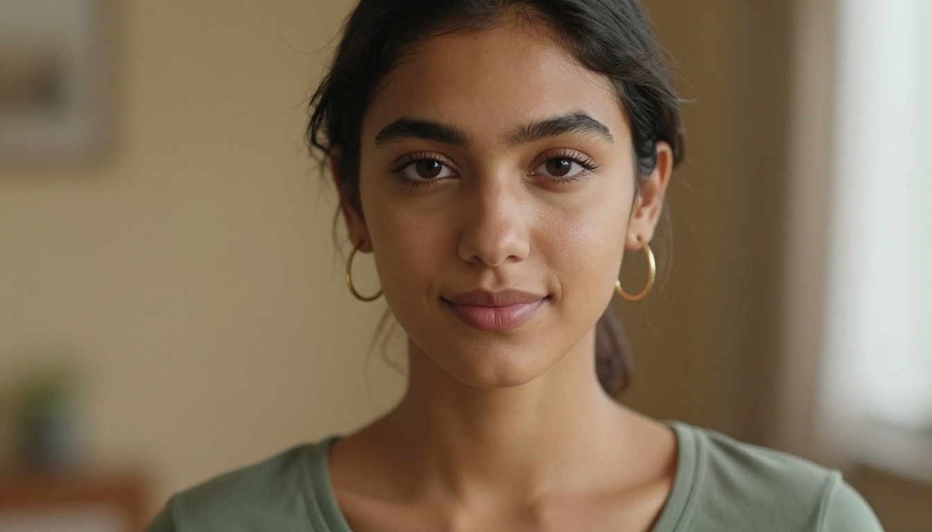 Close-up portrait of a young woman with smooth caramel skin and warm almond-shaped eyes in a sage green v-neck t-shirt, calm confident expression, soft Rembrandt side lighting from the right, blurred warm beige background