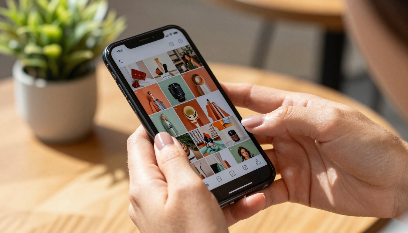 Close-up of hands holding smartphone showing Instagram feed in cafe