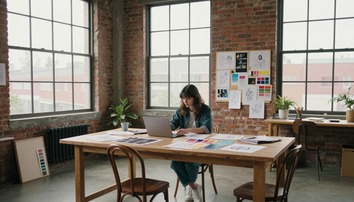 Young creative woman in an airy industrial loft space surrounded by mood boards, sketches, and open laptops Young creative woman in an airy industrial loft space surrounded by mood boards, sketches, and open laptops