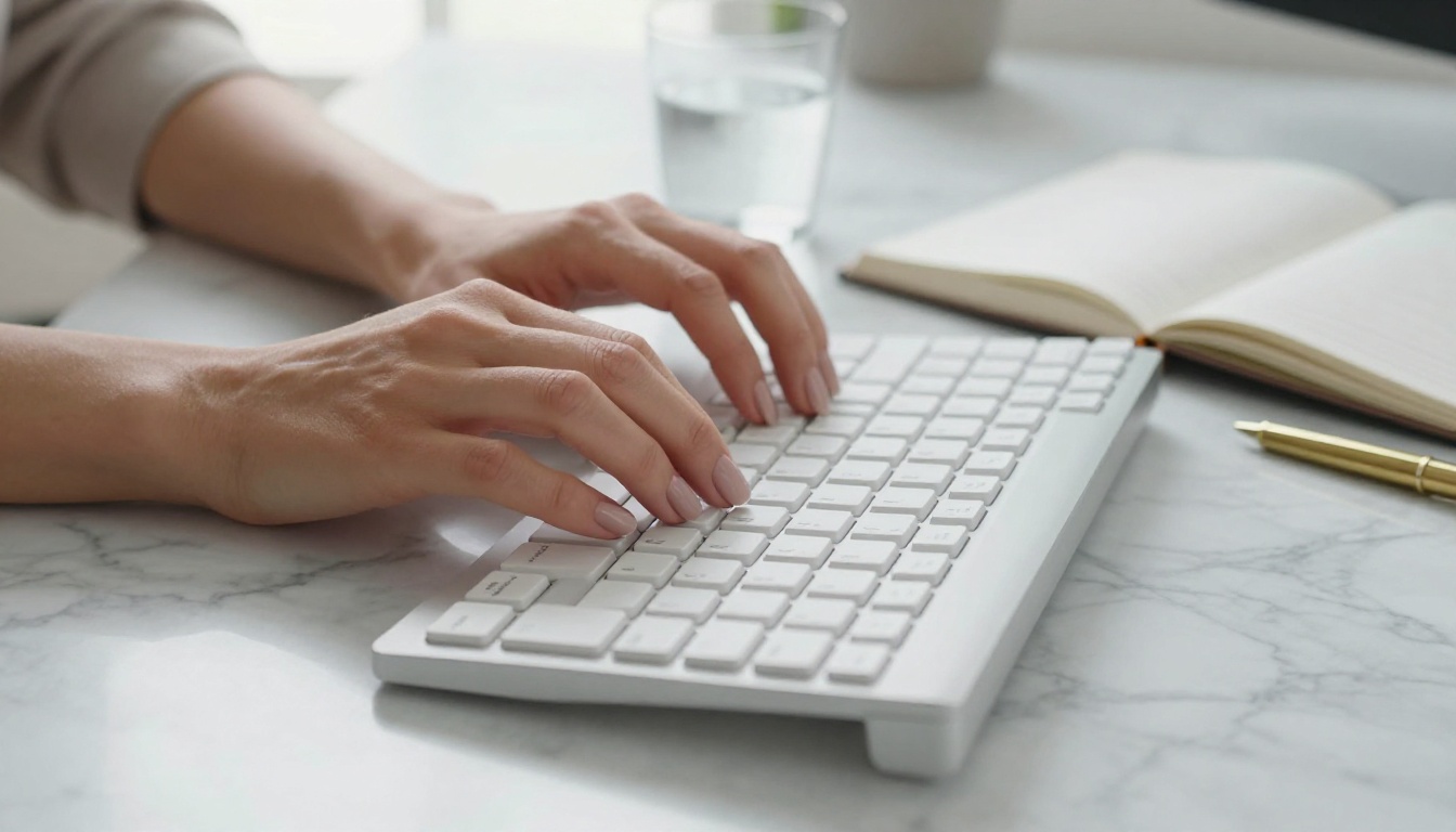 Close-up of a woman's hands typing on a white mechanical keyboard on a marble desk with notebook beside it Close-up of a woman's hands typing on a white mechanical keyboard on a marble desk with notebook beside it