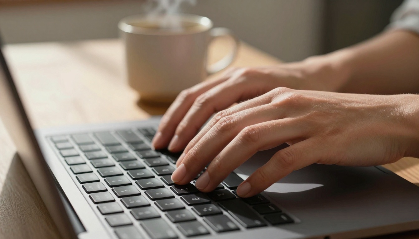 Hands positioned on a laptop keyboard, mid-prompt — the core creative act of AI image generation