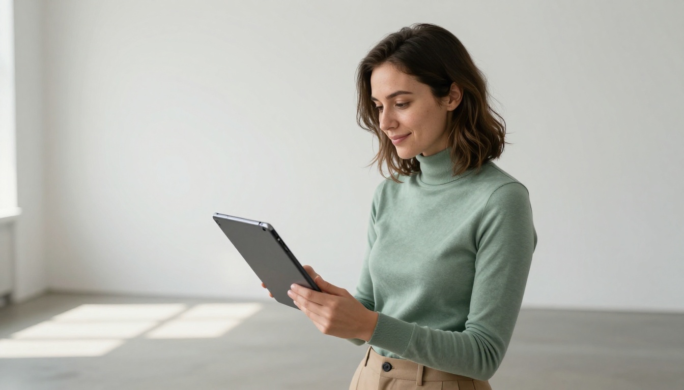 AI content creator at desk reviewing social media images on tablet