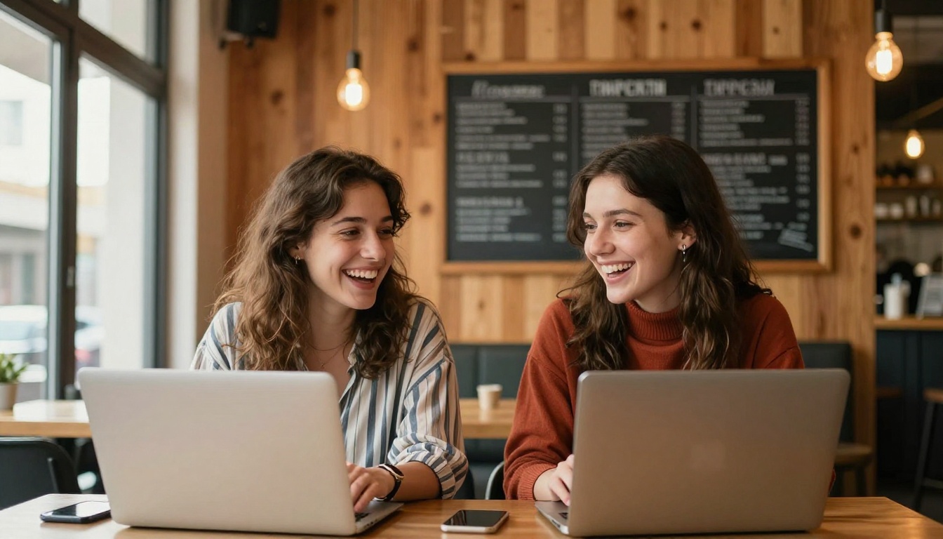 Two women at a warm café table laughing while looking at laptop screens, Edison bulb lighting overhead