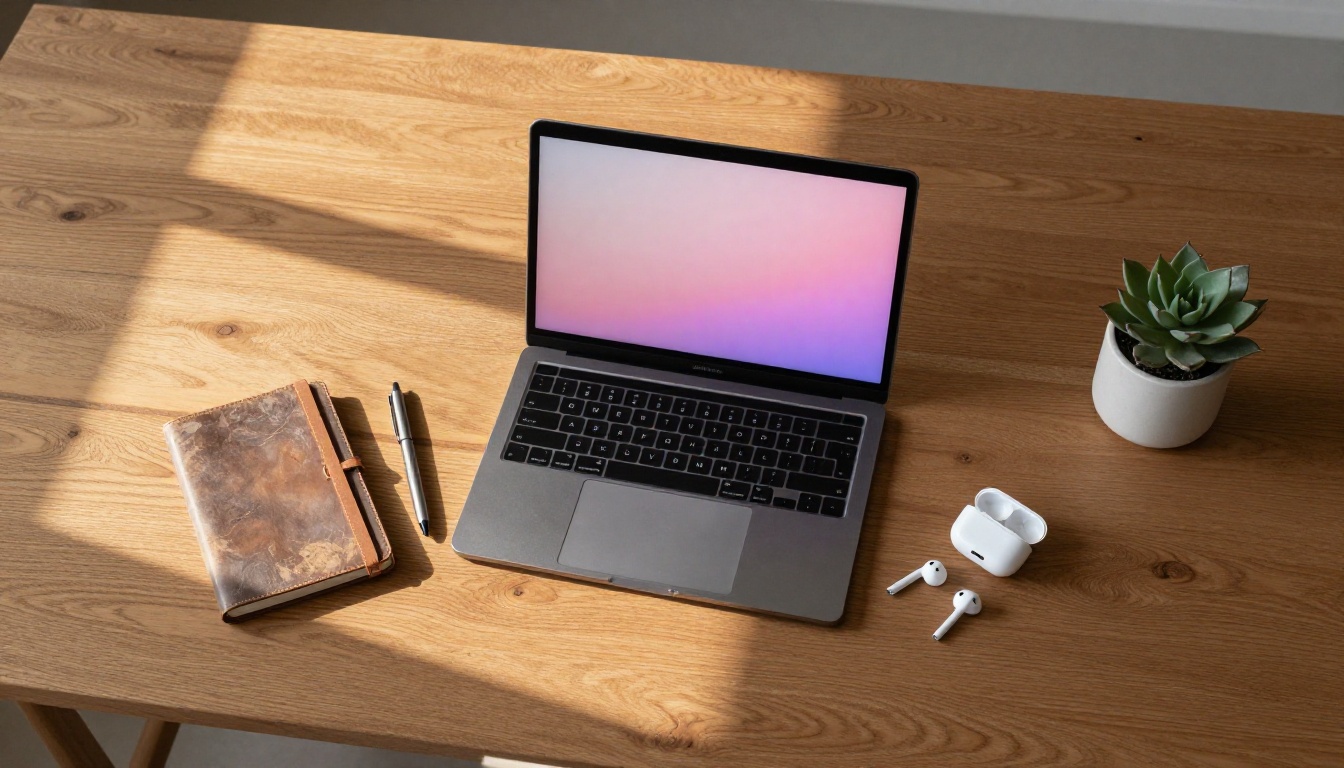 A minimalist overhead view of a creative workspace with a laptop, notebook, and coffee — the modern AI creator's setup