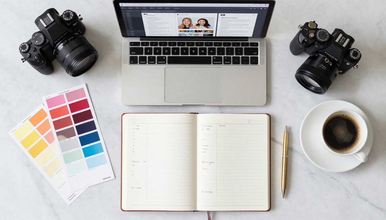 Flat lay content planning workspace with laptop, planner, and coffee