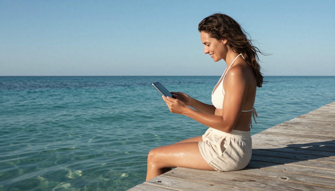 A woman in a white bikini top sitting on a sun-bleached wooden dock over crystal-clear turquoise water, holding a tablet A woman in a white bikini top sitting on a sun-bleached wooden dock over crystal-clear turquoise water, holding a tablet