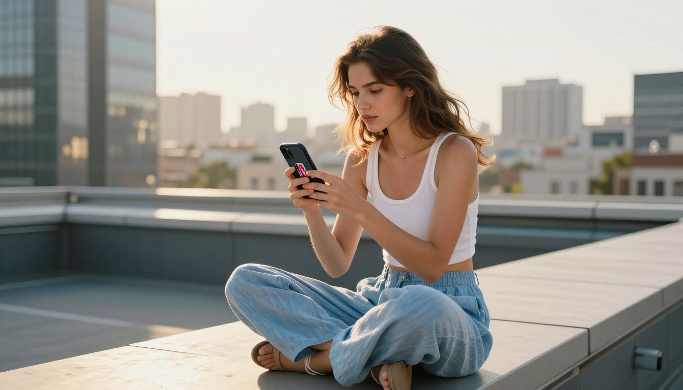 Low-angle shot of young woman scrolling TikTok on sun-drenched rooftop