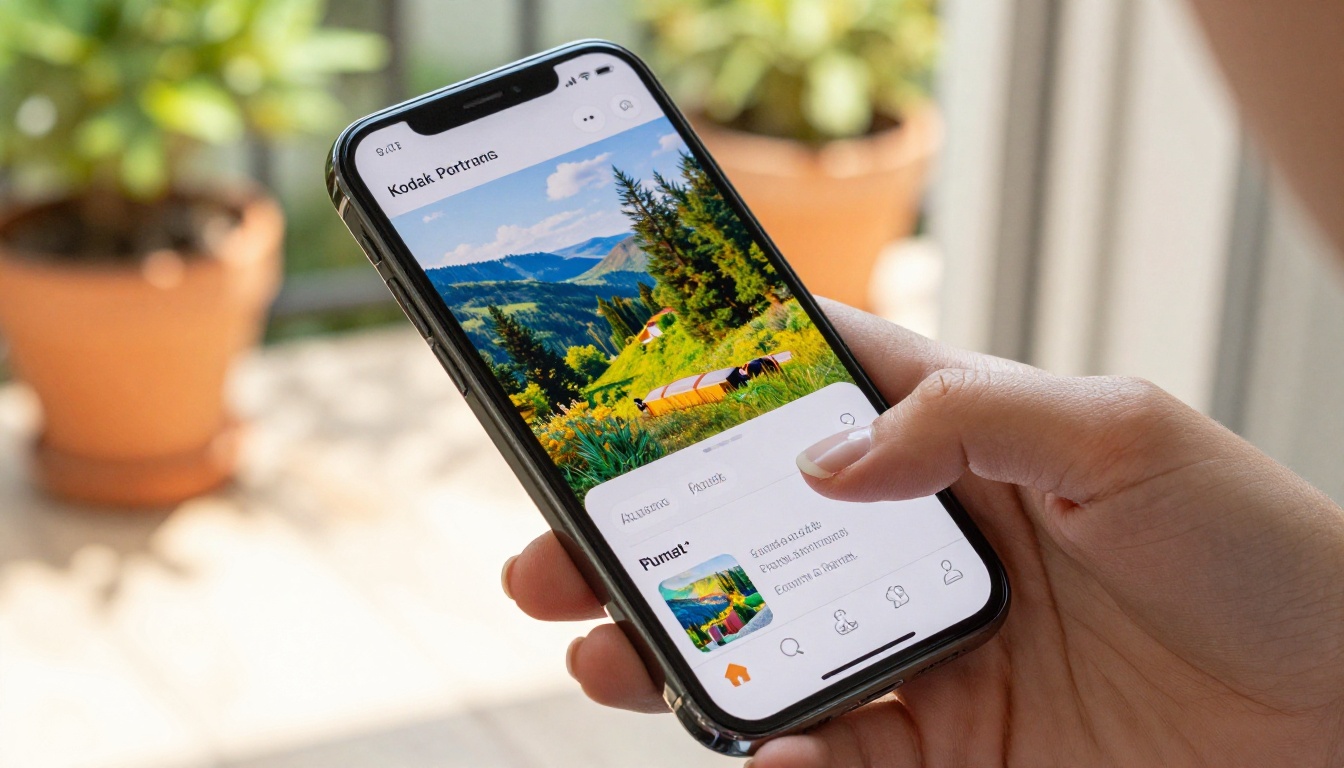 Close-up of a woman's hand holding a smartphone showing an AI-generated photo gallery, sunny terrace background