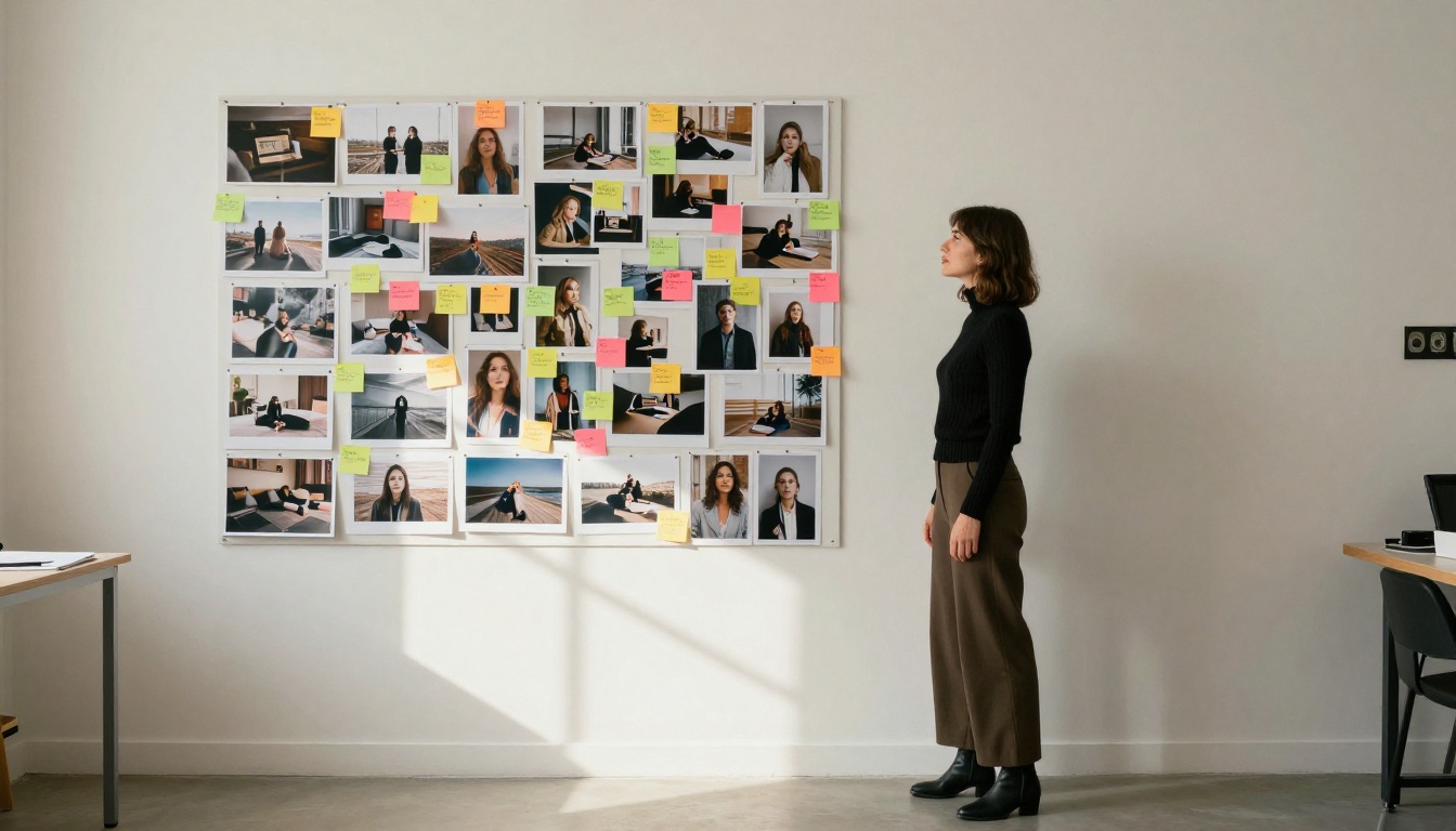 A creative woman reviewing printed images pinned to a large board in a bright, minimalist studio