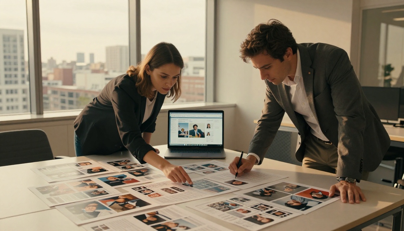Marketing team reviewing social media mockups at conference table