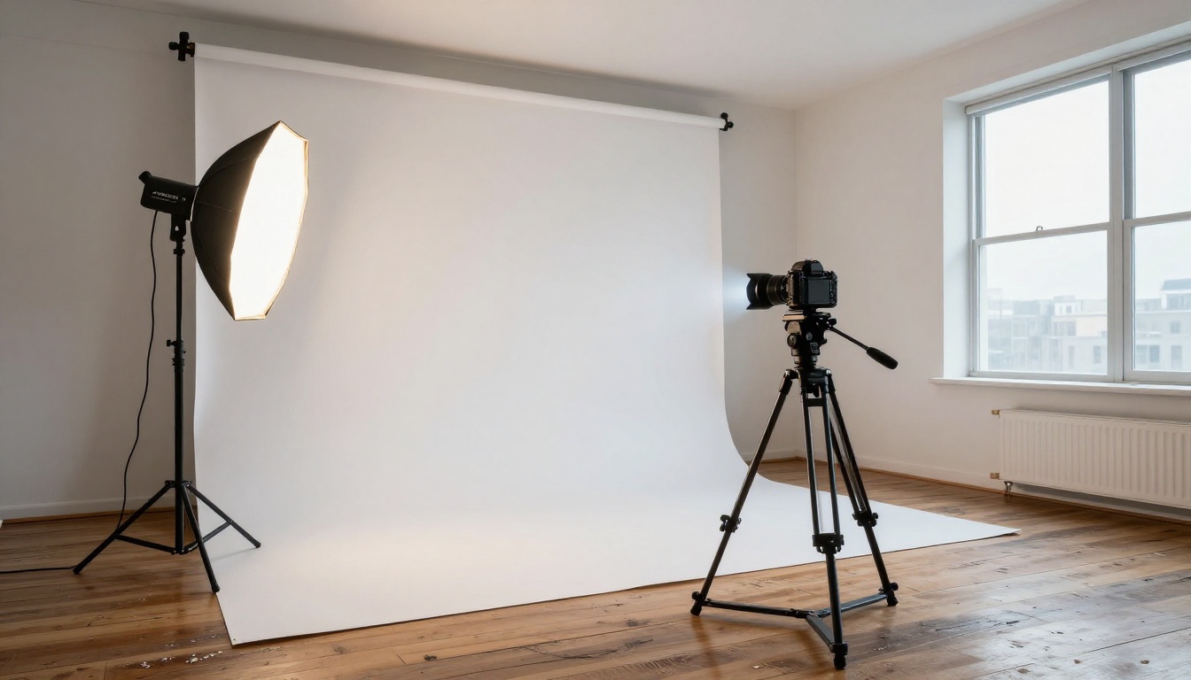 A professional photography studio interior with seamless backdrop and studio strobes — the environment AI is now capable of simulating at this fidelity