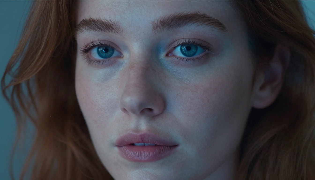 Portrait of woman lit by screen glow in creative studio