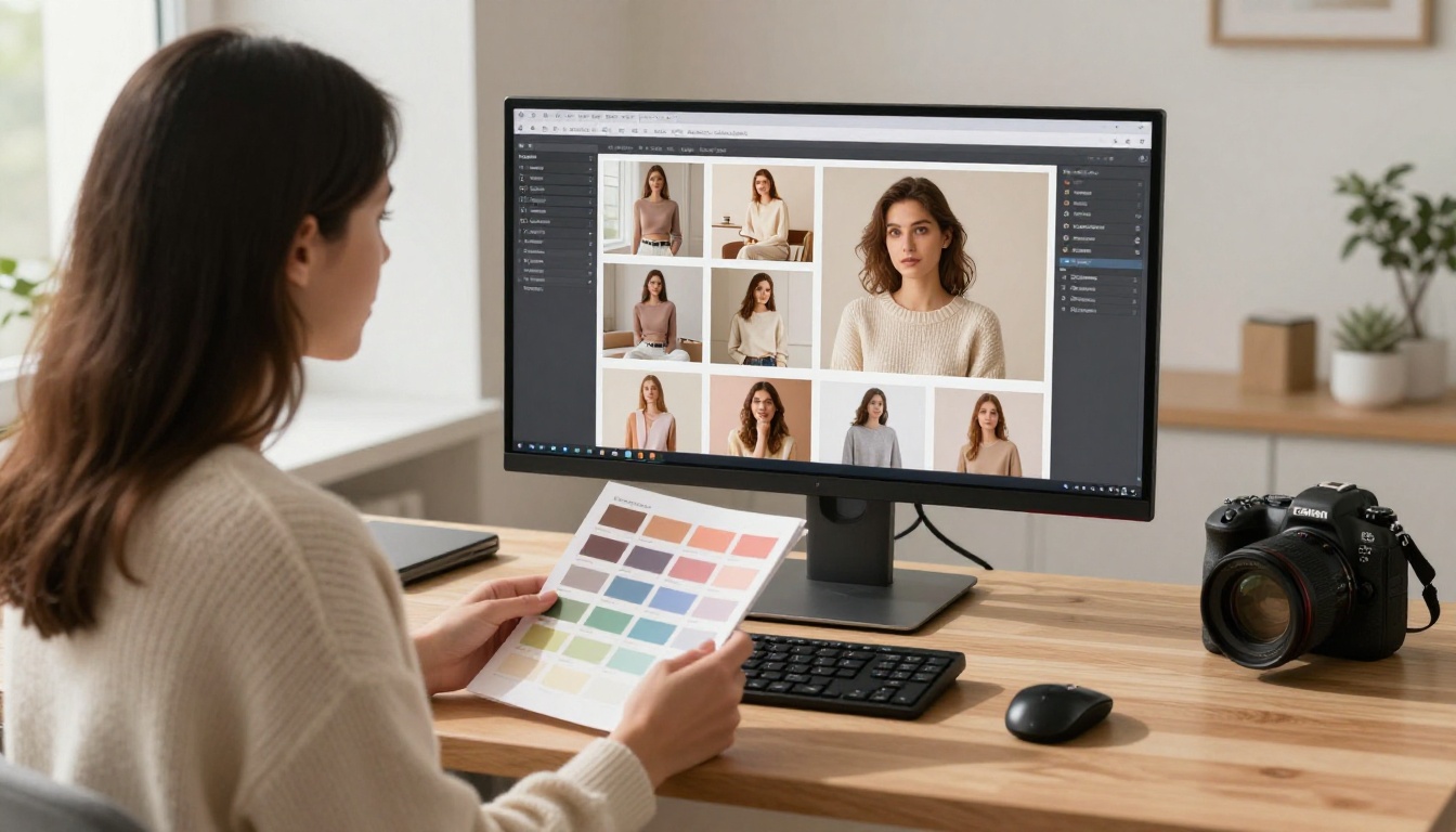 Woman reviewing cohesive brand image grid on monitor