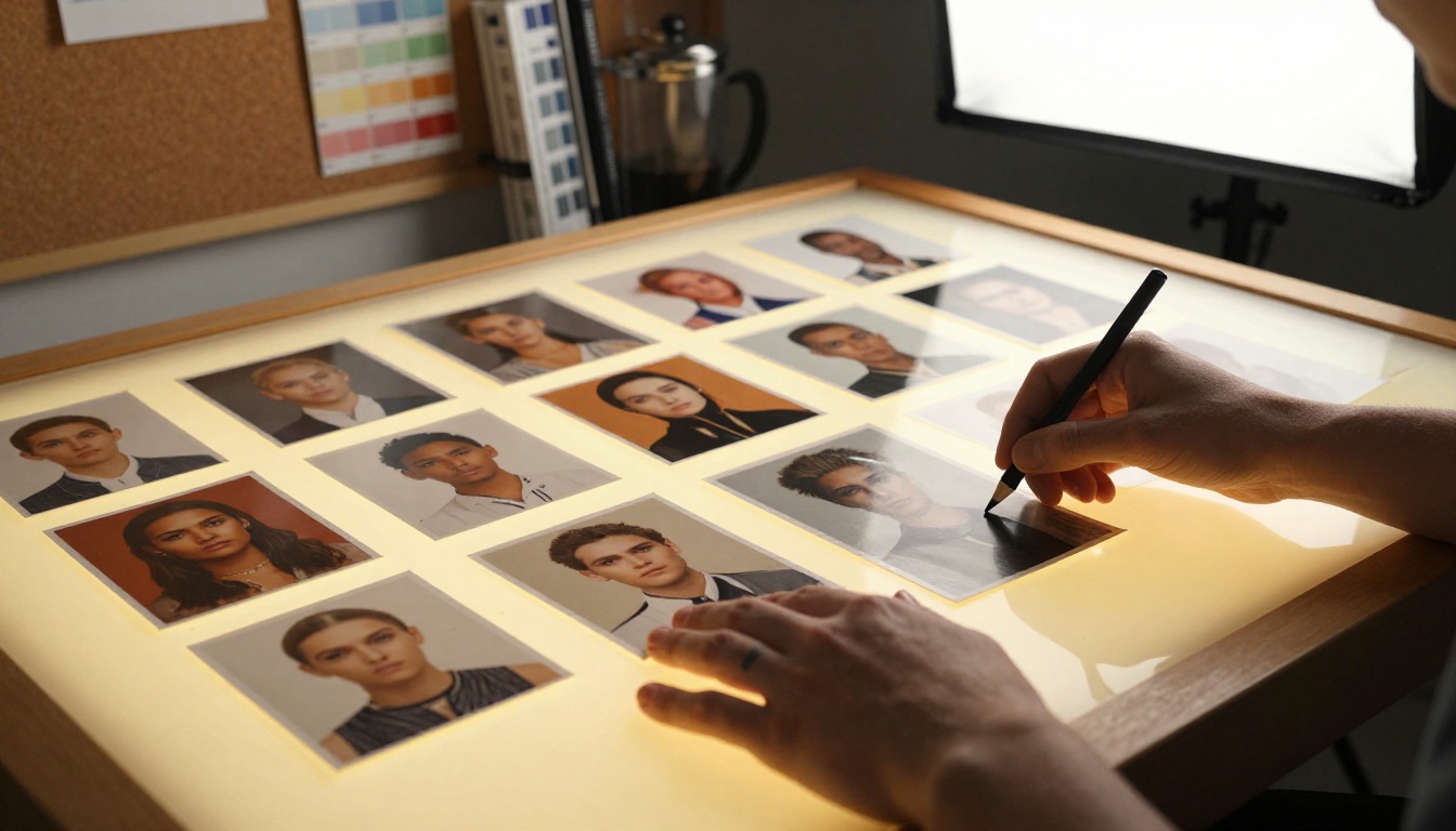 A graphic designer's hands arranging reference photographs on a light table, warm studio lighting, Fujifilm Pro 400H grain, raw 8K photography