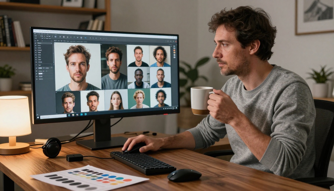 A male content creator reviewing AI-generated images on a dual-monitor workstation, warm desk lamp lighting, Kodak Portra 400 grain, raw 8K photography