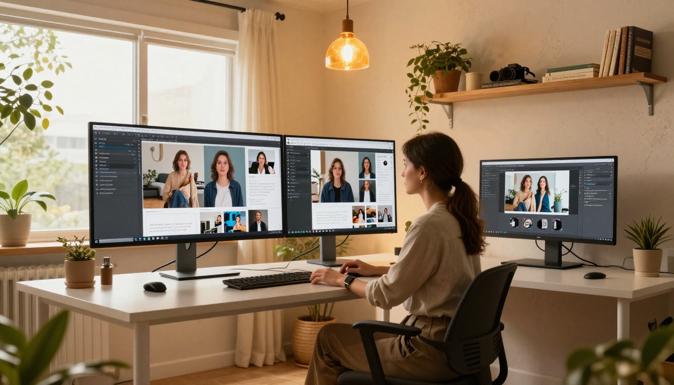Wide shot of home studio with AI-generated social media drafts on wall monitor