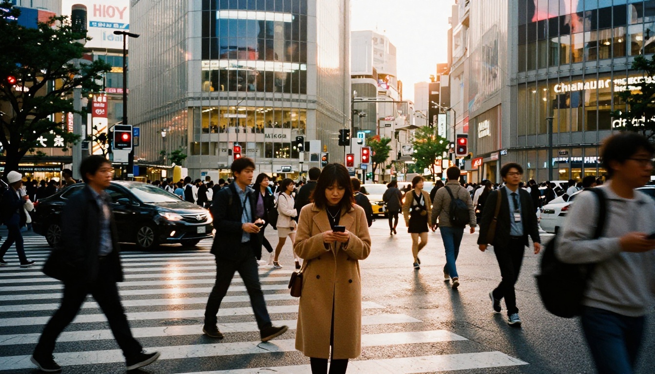 Candid golden-hour street photography in Tokyo — demonstrating FLUX.2 Pro's ability to render complex crowd scenes with authentic motion and light