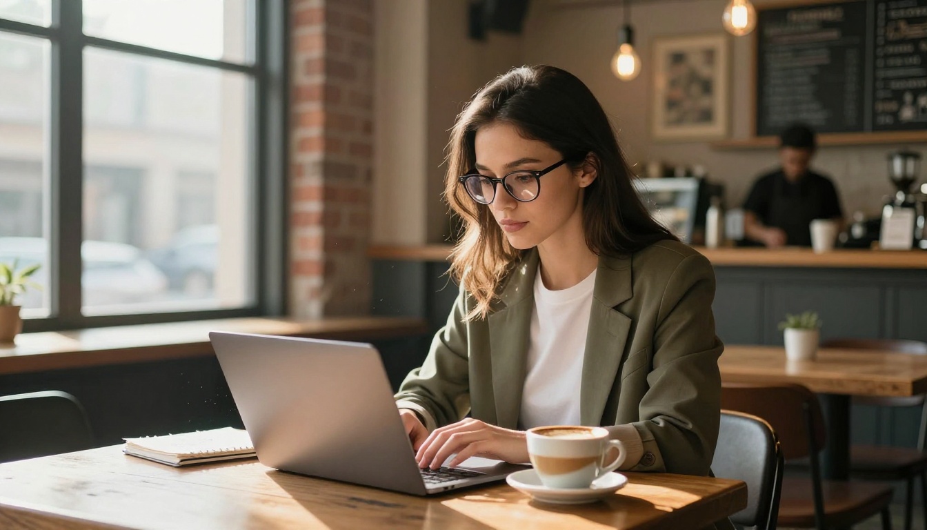 A young woman working on a laptop in a specialty coffee shop, morning light streaming through floor-to-ceiling windows, Kodak Portra 800 grain, raw 8K photography